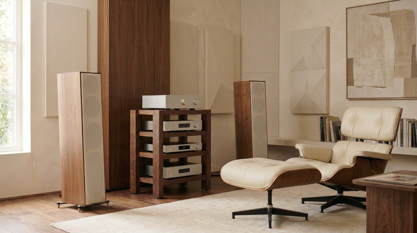High-end two-channel hi-fi listening room with floorstanding speakers, open-frame equipment rack, and Eames lounge chair