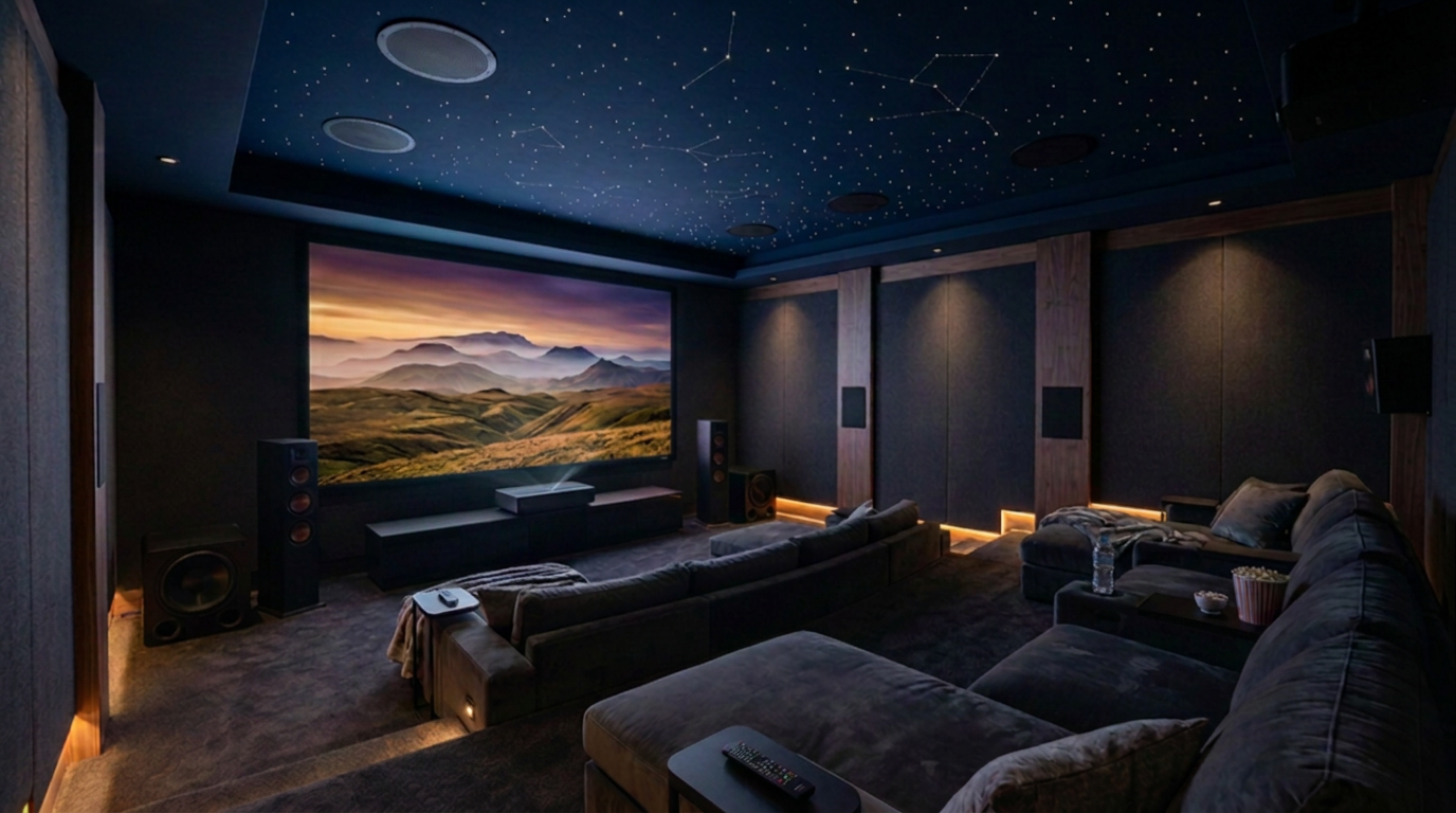 Luxury home cinema screening room with starlight ceiling, 200-inch projection screen, UST projector and Dolby Atmos 9.2.4 speaker system