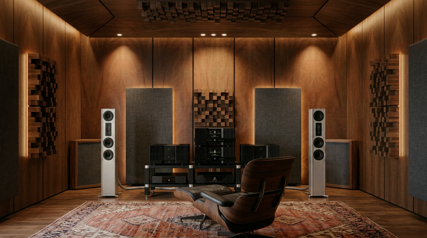 Audioroom reference listening room with floorstanding loudspeakers, wood-lined walls, and reference electronics.